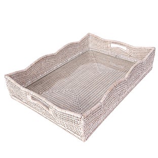Artifacts Trading Company Rattan Scallop Rectangular Tray with Glass Insert - White wash